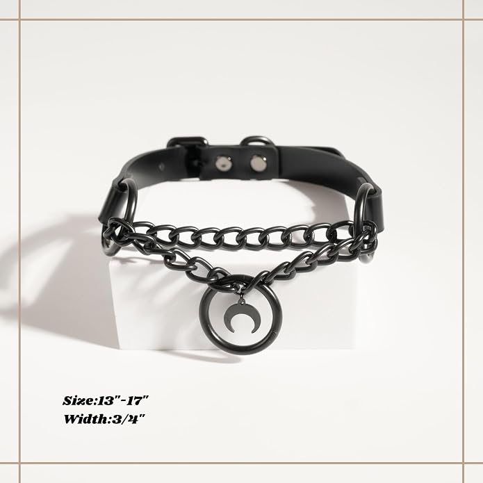 Black Gothic Chain Choker with O-ring and Moon Pendant, Punk Grunge Emo Leather Necklace For Women