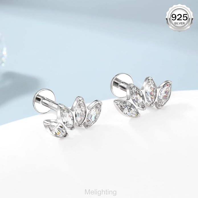 Melighting 16G Curved Helix Earring, Sterling Silver 925 Tragus Conch Stud Internally Threaded, Clear Marquise Round CZ Flat Back Lobe Labret Cartilage Piercing Jewelry for Women 6/8 mm