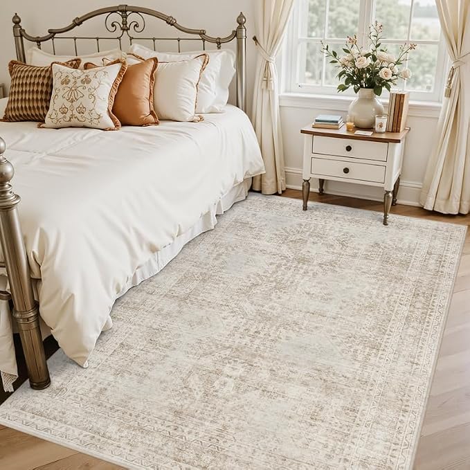 3x5 Area Rugs for Living Room: Vintage Boho Neutral Washable Rug Indoor Soft Large Area Rug Carpet for Bedroom Nursery Farmhouse Dining Room Office Floor Non-Slip Low Pile Under Table Rug Brown