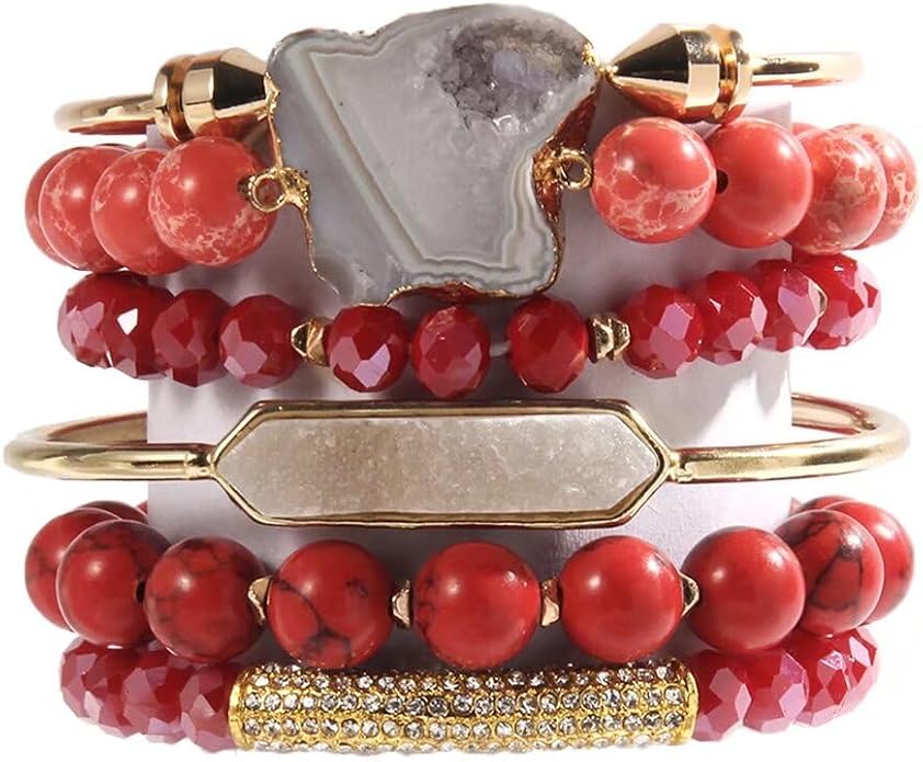 Yomisa 5PCS 6PCS Natural Boho Beaded Bracelets/Bangle for Women Men,Healing Turquoise Jasper Agate Crystal Gemstone Stone Chakra Multilayer Wrap Bohemian Handmade Jewelry Beads Stretch Bracelet Set