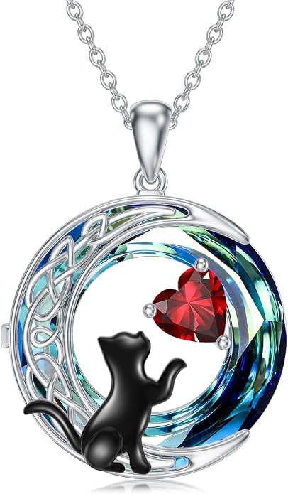 TOUPOP Cat Gifts for Cats Lovers 925 Sterling Silver Black Cat Necklace Celtic Moon Birthstone Jewelry for Women Anniversary Birthday Gift for Her Wife Mom