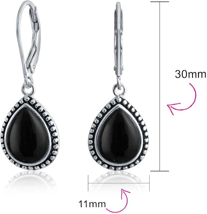 Bling Jewelry Boho Western Style Milgrain Setting Semi Precious Gemstones Lapis Turquoise Jade Onyx Quartz Pear Shaped Teardrop Lever Back Dangle Drop Earrings Teen Oxidized .925 Sterling Silver