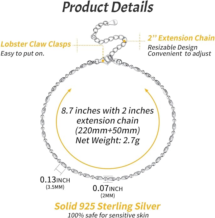 ChicSilver 925 Sterling Silver Ankle Bracelet for Women, Simple Cuban Link/Figaro/Twist Rope Chain Anklets for Beach Party(with Gift Box)