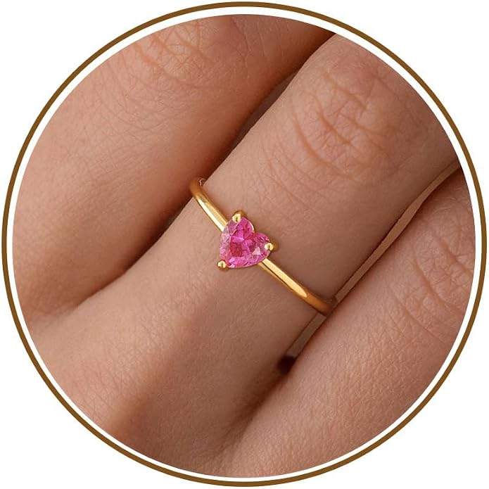 WFYOU Gold Heart Birthstone Rings for Women 14K Gold Plated Non Tarnish Stackable Pinky Cubic Zirconia Rings Emerald Dainty Gemstone Thumb Ring Band Cute Jewelry Birthday Gift Size 5-10