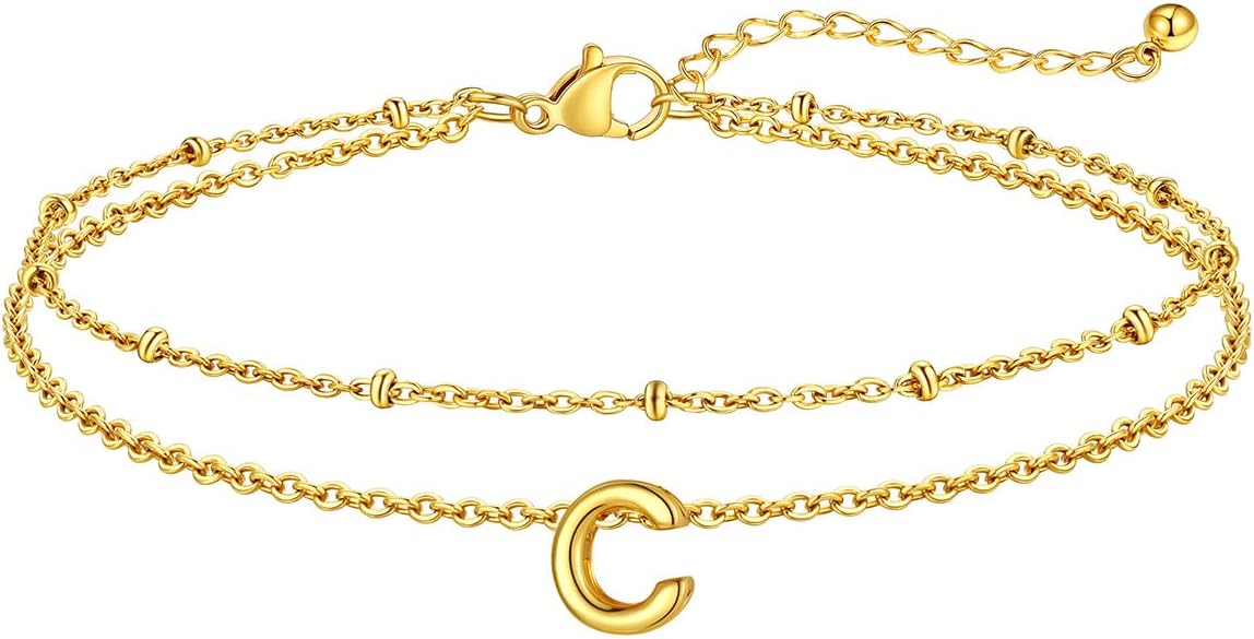 FaithHeart Initial Ankle Bracelets for Women, Waterproof 14k Gold Plated Initial Anklets Non Tarnish Stainless Steel Cute Layered Anklet Summer Beach Jewelry