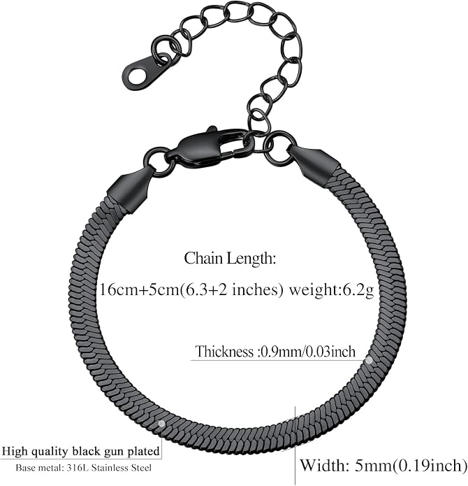 FindChic Elegant Herringbone Snake Chain Anklets/Bracelets 3MM/5MM Width Stainless Steel/18K Gold/Rose Gold Plated/Black 4 Color Options, 8.3'' 8.5'' 10.5'' Length, with Gift Box