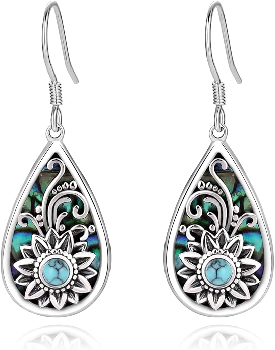 Sterling Silver Abalone Shell Filigree Dangle Drop Earrings Bohemia Jewelry Gift for Women Mother Mom