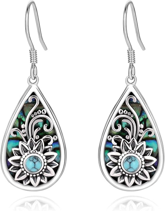 Sterling Silver Abalone Shell Filigree Dangle Drop Earrings Bohemia Jewelry Gift for Women Mother Mom