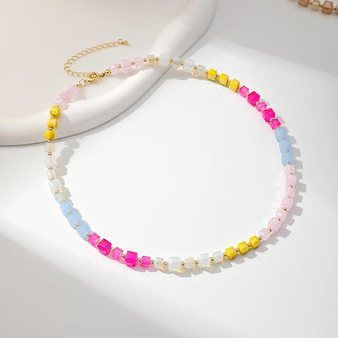 LALAPPLE Colorful Beaded Gemstone Necklace for Women, Boho Rainbow Bead Choker with Natural Stone Crystal Beads, Handmade Summer Beach Necklace Jewelry