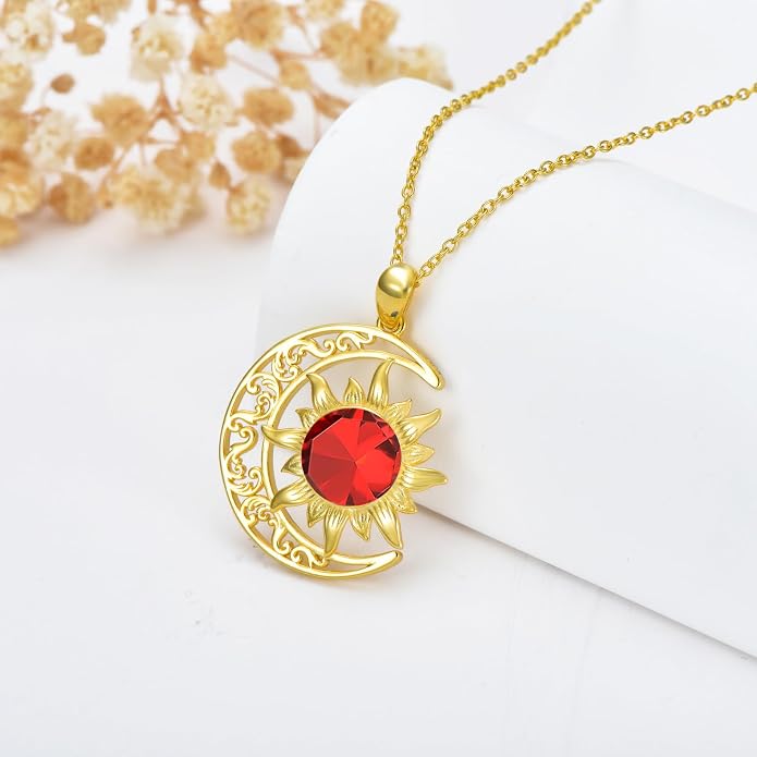 Crescent Moon Necklace for Women 18K Gold Plated Silver Moon and Sun Pendant with Gemstone Dainty Birthstone Jewelry Pendant Necklace for her
