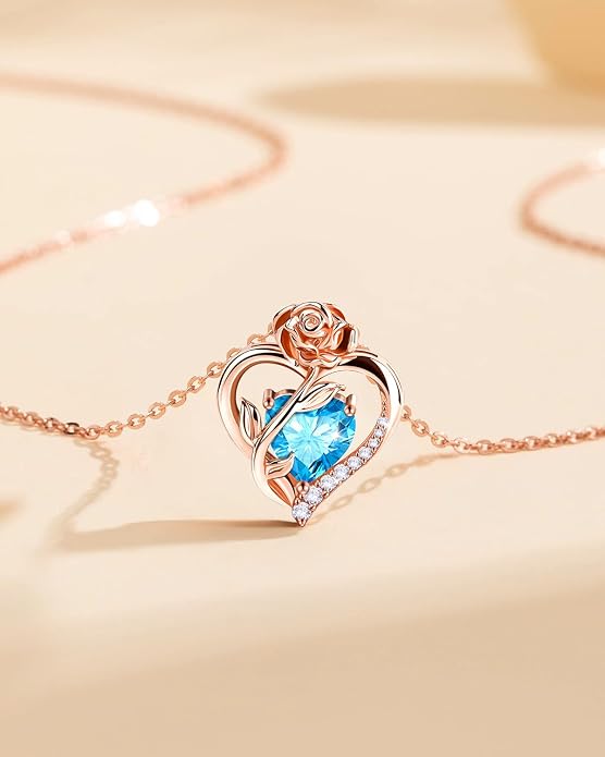 Anniversary Birthday Gifts for Women - Heart Birthstone Necklace: 925 Sterling Silver Rose/White/Yellow Gold Pendant Necklaces Gold Jewelry Gift for Wife Girlfriend Mom Daughter Grandma
