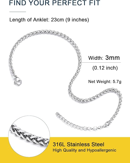 ChainsPro Resizable Anklet Chain for Women Men, Figaro/Wheat/Twist Rope/Cuban Foot Bracelet-Strong with Good Clasp-18K Gold Plated(Send Gift Box)