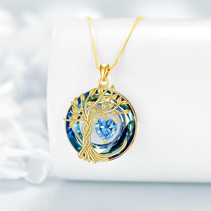 POPLYKE Mothers Day Gifts for Mom Her Wife Tree of Life Necklace 925 Sterling Silver Birthstone Pendant with Crystal Anniversary Birthday Wedding Jewelry for Women