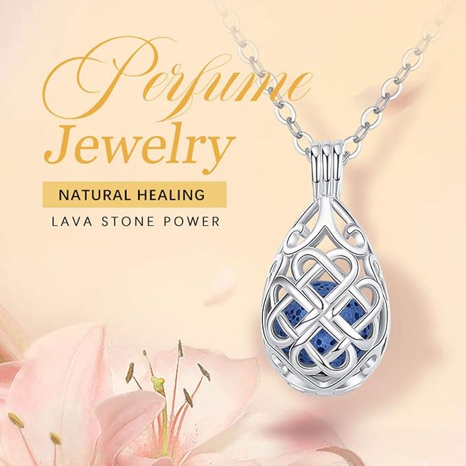 INFUSEU Celtic Jewelry for Women Essential Oil Diffuser Necklaces Aromatherapy Gifts Lava Rock Stone Irish Knot Teardrop Pendant Aroma Perfume Spiritual Items for Meditation Yoga