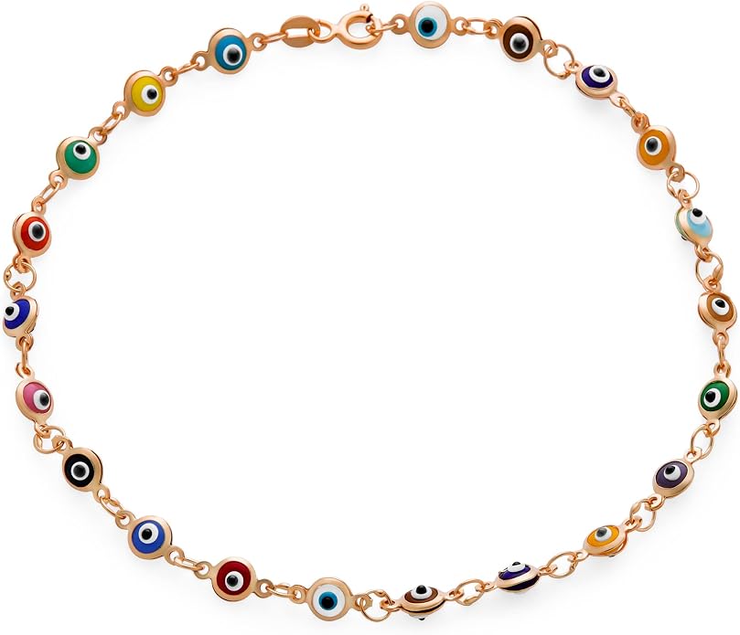Bling Jewelry Turkish Protection Multi Evil Eye Anklet Charm Ankle Strand Bracelet Rose Gold .925 Sterling Silver