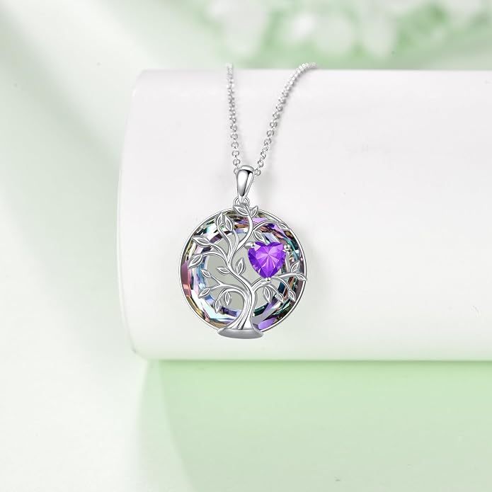 Tree Of Life Birthstone Necklace 925 Sterling Silver Crystal Family Tree Pendant Necklaces Heart Birthstone Jewelry For Women Female Anniversary Birthday Gifts