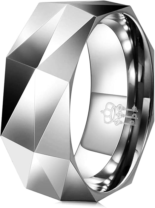 THREE KEYS JEWELRY 2mm 8mm Silver Tungsten Carbide Wedding Band for Men Women, Basic Hammered Multi-Faceted Polished Finish Stackable Engagement Ring Comfort Fit