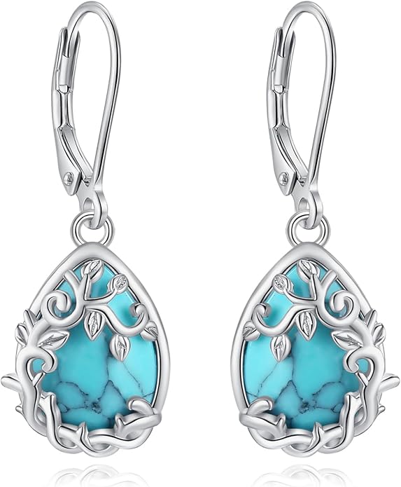 Vito 925 Sterling Silver Teardrop Earrings for Women, Moonstone Turquoise Drop Dangle Earrings Cat Snake Turtle Tree of Life Leverback Earrings Boho Jewelry Gift for Mom Wife