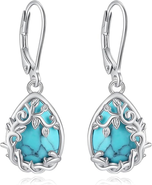 Vito 925 Sterling Silver Teardrop Earrings for Women, Moonstone Turquoise Drop Dangle Earrings Cat Snake Turtle Tree of Life Leverback Earrings Boho Jewelry Gift for Mom Wife
