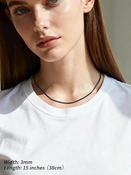 FindChic Black/14K Gold Plated Herringbone Choker Chain Necklace for Women | Waterproof Stainless Steel, Dainty Layering, Flat Snake Chain, Non-Tarnish, Hypoallergenic, Adjustable Extender, Gift Box