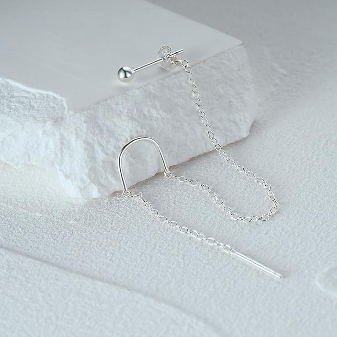 Sterling Silver Threader Chain Earrings for Women Girls Long Chains Tassel Dangle Drop Double Piercing Studs Earring Hypoallergenic Cute Birthday Holiday Travel Accessories Jewelry Gifts