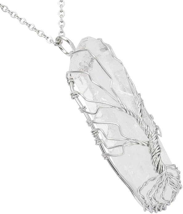 TUMBEELLUWA Stone Point Tree Pendant Necklace,Raw Crystal Healing Wire Wrapped Chakra Handmade Jewelry for Women Men