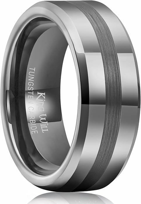 King Will Classic Tungsten Carbide Ring Brushed Two Grooved Center Hammered Design Mens Wedding Band for Men