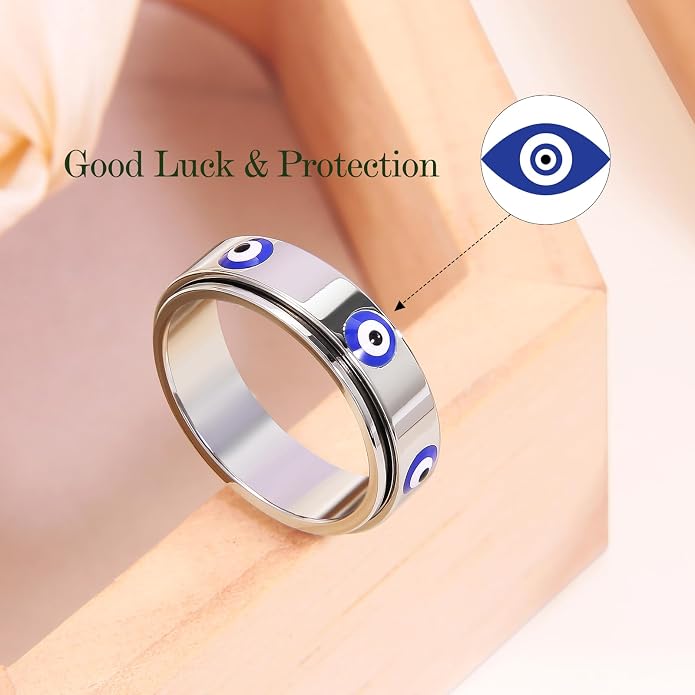 Evil Eye Fidget Ring for Women - 18K Gold Plated Stainless Steel Spinner Rings for Anxiety Relief, Ojo Turco Ring Luck Amulet, Turkish Faith Protection Stackable Jewelry Gift for Women Men