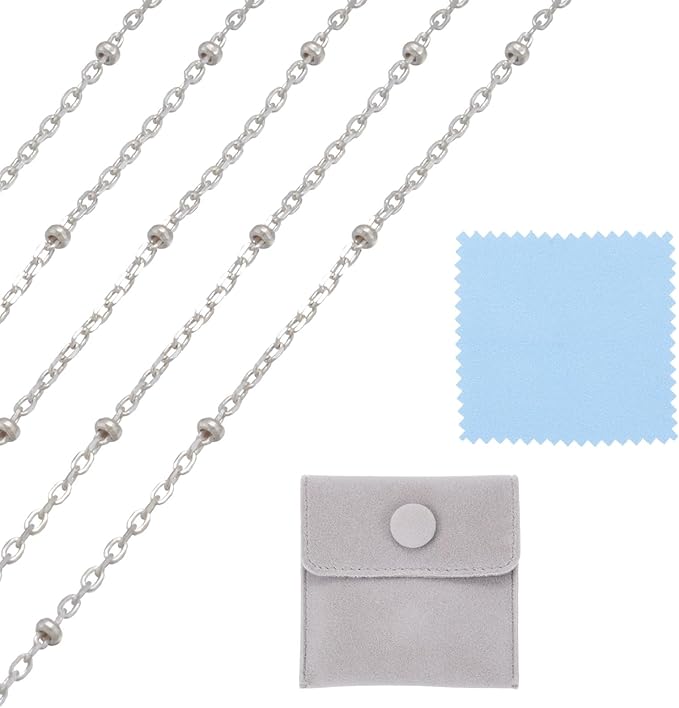 Elecrelive Sterling Silver Necklace for Women, 3.28 Feet Sterling Silver Satellite Ball Chains 2x1.2mm Permanent Jewelry Chains with Velvet Bags for Men Women Jewelry DIY Making