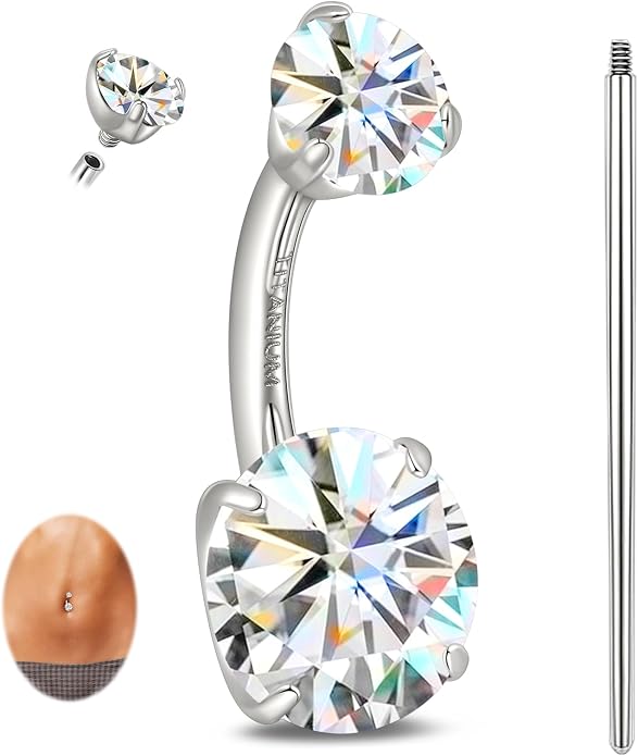 limerencia Moissanite Belly Button Ring, G23 Titanium Hypoallergenic Internally Threaded Navel Jewelry, Curved Dangle Belly Ring Piercing Jewelry for Women, Men
