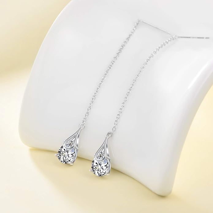 POPLYKE Sterling Silver CZ Threader Earrings Teardrop Chain Tassel Dangling Earrings for Women Dangling Jewelry