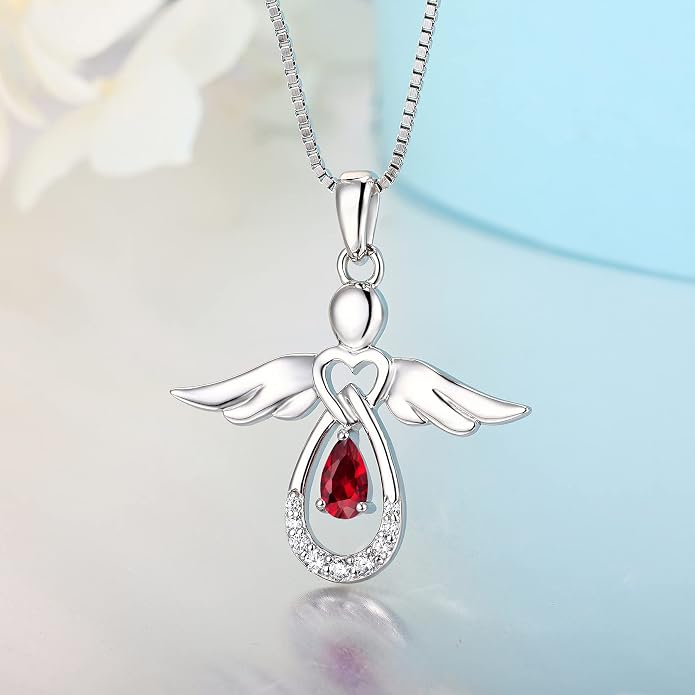 FJ Guardian Angel Necklace 925 Sterling Silver Birthstone Pendant Angel Jewelry Gifts for Women