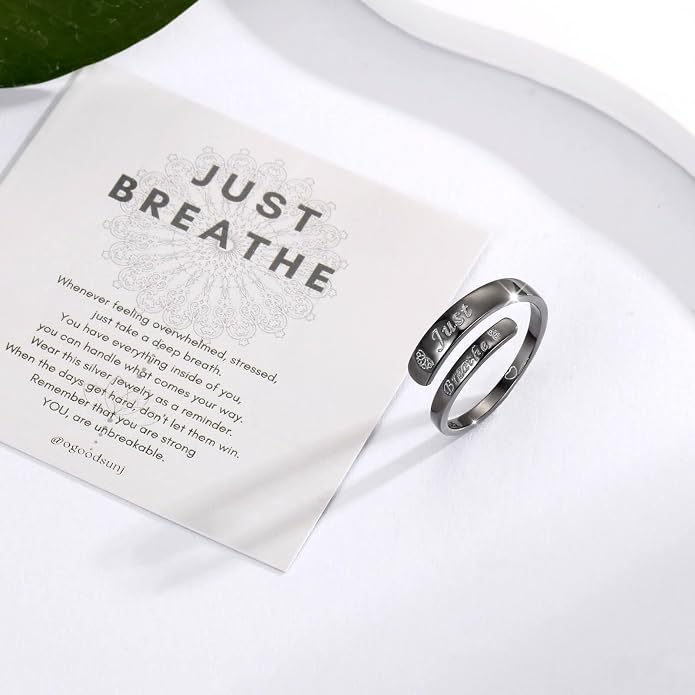 Sterling Silver Just Breathe Ring: Inspirational Encouragement Rings Adjustable Motivational Hope Jewelry Gift for Women