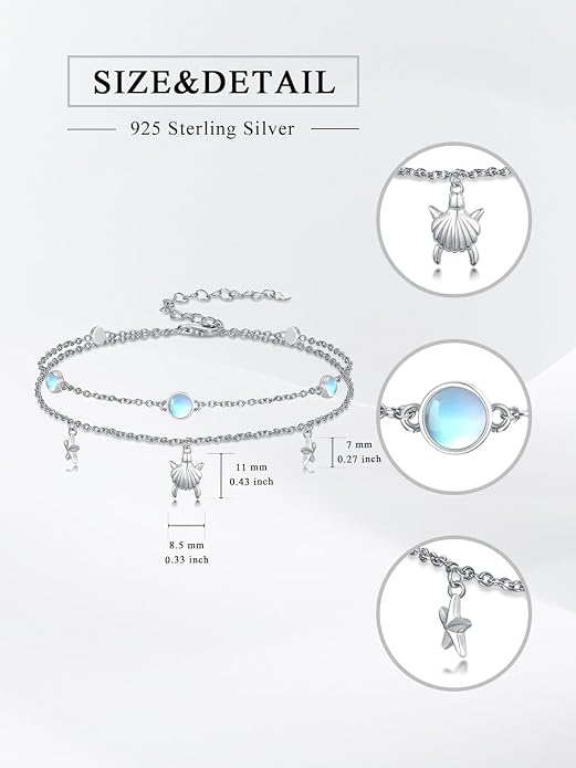 Wave/Dolphin Bracelet/Sea Turtles Anklet 925 Sterling Silver Adjustable Moonstone Bracelet/Anklet Summer Ocean Jewelry Gifts for Women