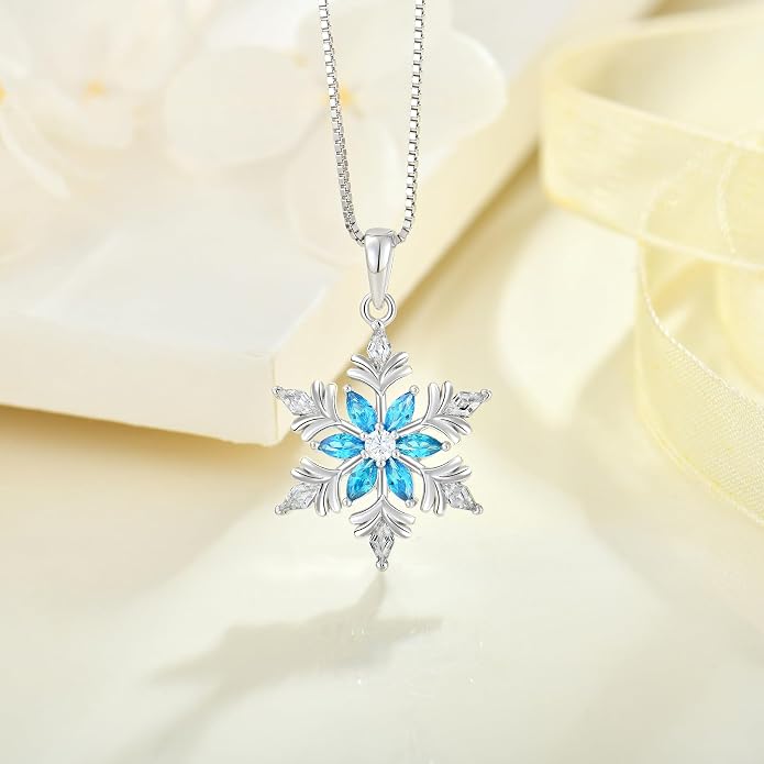 925 Sterling Silver Snowflake Necklace for Women Birthstone Snowflake Pendant Necklace Cubic Zirconia Christmas Jewelry