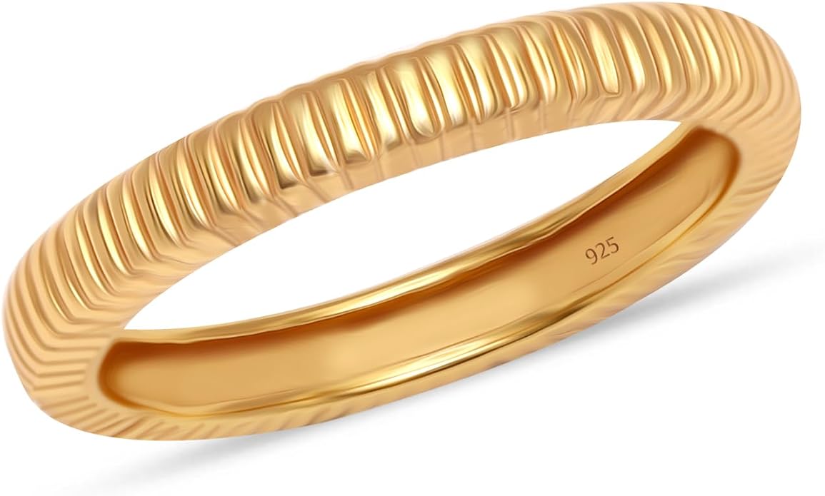 LeCalla 925 Sterling Silver Textured Rings for Women & Men | Minimalist 14K Gold-Plated Croissant Braided Twisted Signet Chunky Dome Ring | Stackable Eternity Wedding Statement Band Ring