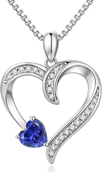 Love Heart Necklace for Women, 925 Sterling Silver Cubic Zirconia Birthstone Heart Pendant Jewelry Gift for Mom, Mother, Wife, Girlfriend on Birthday, Mother's Day, Chain 18 inch