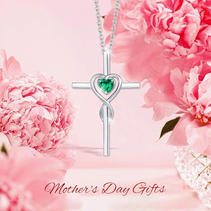 FANCIME Birthstone Cross Necklace for Women Birthstone Necklace Heart Infinity Cross Pendant Necklace Fine Jewelry Christmas Birthday Holiday Gifts for Her, 16"+2" Inches