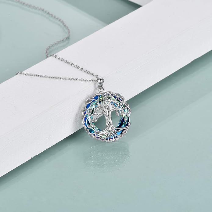 POPLYKE Tree of Life Necklace for Women Sterling Silver Celtic Knot Family Tree With Blue/Purple/Volcano Crystal Irish Gifts for Mom Wife Birthday Christmas
