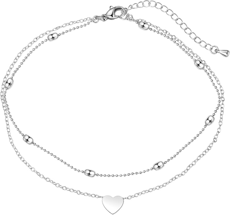 Pencros Dainty Layered Anklet,14K Gold Filled Cute Beads Satellite Chain Heart Boho Adjustable Anklets for Women