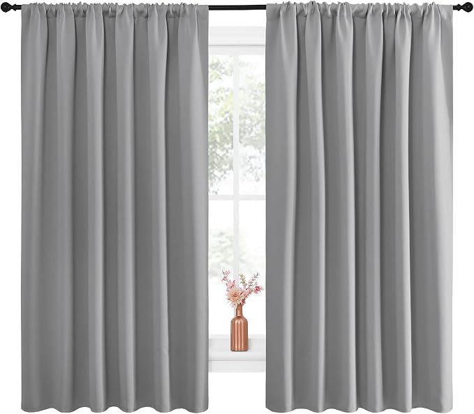 NICETOWN Short Curtains for Small Window - Thermal Insulated Rod Pocket Blackout Drapes/Draperies for Dining Room (2 Panels, W70 x L63 inches, Silver Grey)