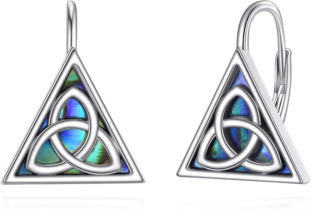 Celtic Trinity Knot Earrings for Women 925 Sterling Silver Triangle Celtic Leverback Abalone Shell Irish Jewelry Gift