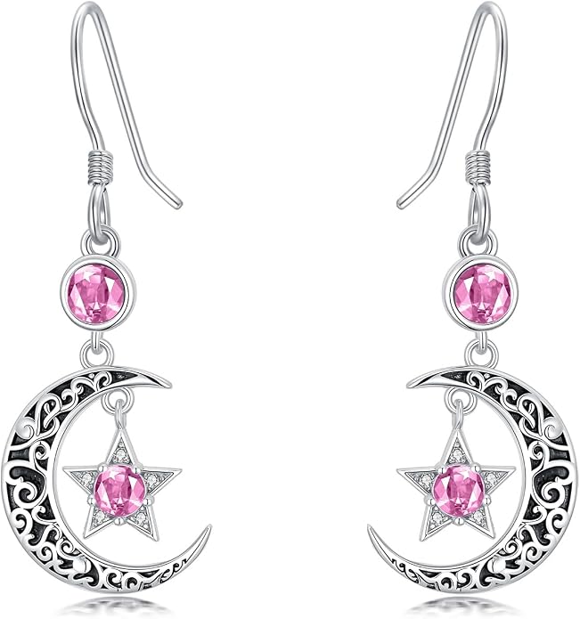 Seiyang Moon Star Birthstone Earrings 925 Sterling Silver Crescent Moon Star Dangle Drop Earrings with 12 Months Birthstone Vintage Jewelry Gifts for Women Mom Her