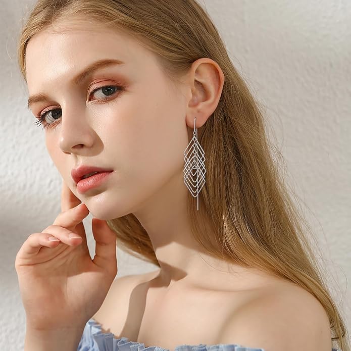 Sterling Silver Threader Earrings Flower Heart Moon Star Tiny Cube Rhombus Sector Beads Dream Catcher Evil Eye Butterfly Leaf Lightning Bolt Tassel Dangle Drop Chain Charm Earrings Jewelry Gifts for Women