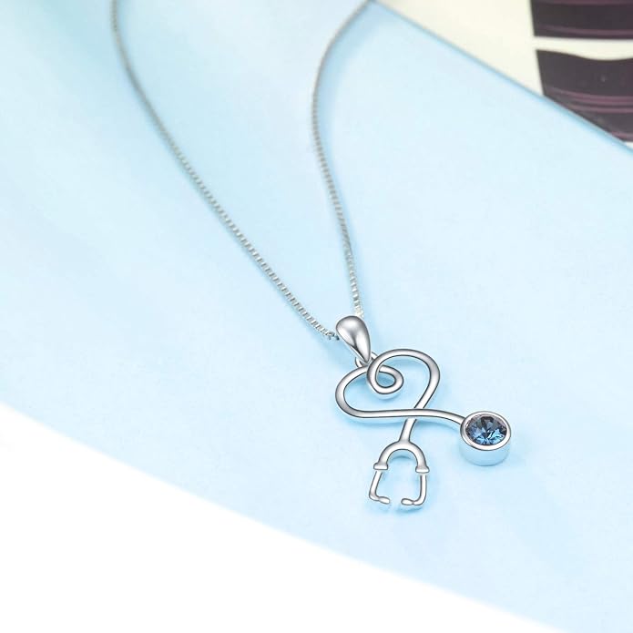 AOBOCO Stethoscope Necklace 925 Sterling Silver Embellished with 12 Months Birthstone Crystals from Austria, Graduation Gifts Medical Jewelry for Doctor Nurse Medical Student RN