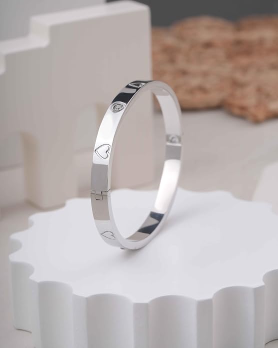 Stainless Steel Heart Motif Bangle Bracelet - Polished Hinged Cuff with Cubic Zirconia Accents - Durable Love-Inspired Design for Women