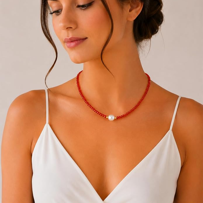 InfinityGemsArt Gemstone Gold Necklace For Women, Birthstone Natural Crystal Stone With Freshwater Pearl Beaded Jewelry, Gold Plated 18 Inch Chain