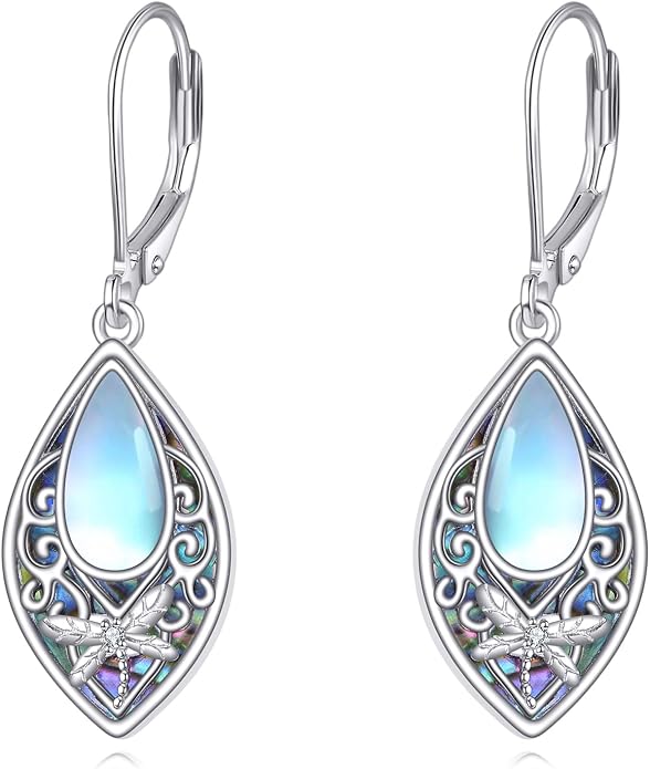 Dragonfly Earrings Sterling Silver Dragonfly Filigree Abalone Shell Teardrop Dangle Earrings Leverback Jewelry Gifts for Women
