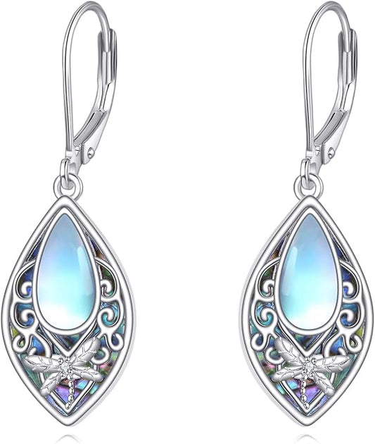 Dragonfly Earrings Sterling Silver Dragonfly Filigree Abalone Shell Teardrop Dangle Earrings Leverback Jewelry Gifts for Women