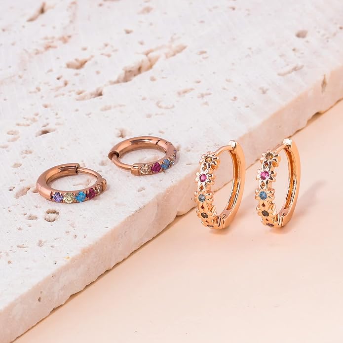 CiNily Small Hoop Earrings for Women Girls Flower Cubic Zirconia Huggie Earrings Hypoallergenic 14K Yellow Gold Plated Cartilage Earrings